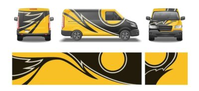 Free Vector | Car van mockup livery wrap design realistic set of isolated wrapping pieces and views of automobile vector illustration