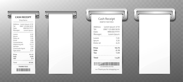 Free Vector | Cash receipt out of sloth, paper bill, purchase invoice, retail sum check with money total cost, store sale payment. empty and filled blanks isolated . realistic 3d vector set