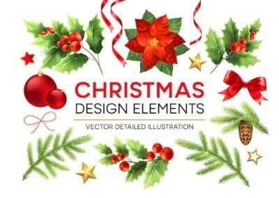 Free Vector | Christmas design elements set. poinsettia, fir branch, mistletoe twigs with berries, pinecone design elements. xmas decorations. christmas ball, ribbon and bow. isolated vector detailed illustration