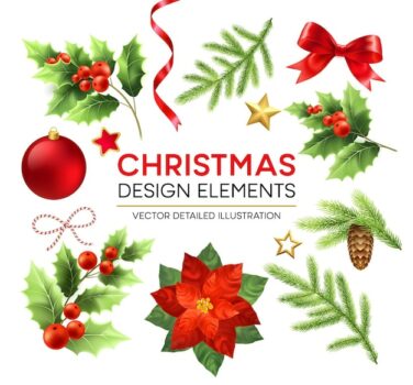 Free Vector | Christmas design elements set. xmas decorations and objects. poinsettia, fir branch, mistletoe berries, pinecone design elements. christmas ball, ribbon and bow. isolated vector detailed illustration