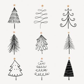 Free Vector | Christmas doodle sticker, cute tree and animal illustration in black vector set