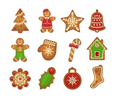Free Vector | Christmas gingerbread cookies on white background. christmas tree and star, bell and house