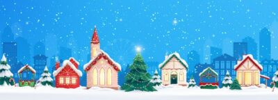 Free Vector | Christmas houses composition with view of street with cityscape and row of houses with falling snow vector illustration