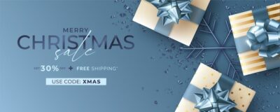 Free Vector | Christmas sale banner with realistic presents in blue and golden