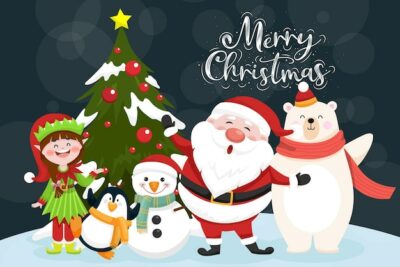 Free Vector | Christmas scenes santa claus, penguin, elf, bear, snowman, christmas tree