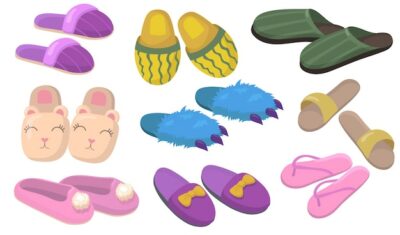 Free Vector | Comfortable home footwear set. sleepers shoes with fur, bows, claws for kids and adults isolated on white background. vector illustration for hotel room or cozy home concept