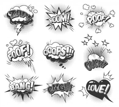 Free Vector | Comic monochrome speech bubbles collection with different wordings sound and halftone humor effects