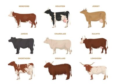 Free Vector | Cow set hereford holstein jersey angus charolais kalmyk shorthorn highland longhorn dairy cattle