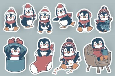 Free Vector | Cute christmas penguin stickers doodle hand drawn illustration