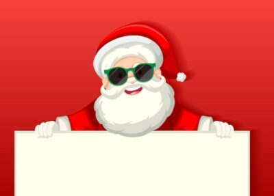 Free Vector | Cute santa claus wearing sunglasses cartoon character holding blank banner on red background