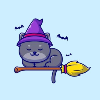 Free Vector | Cute witch cat sleeping on magic broom cartoon illustration.