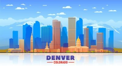Free Vector | Denvercolorado skyline with panorama in sky and mountains background vector illustration business travel and tourism concept with modern buildings