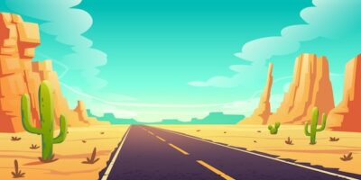 Free Vector | Desert landscape with road, cactuses and rocks