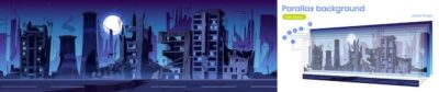 Free Vector | Destroyed buildings on city street after war or natural disaster at night. vector parallax background with cartoon cityscape with abandoned broken houses with smoke, cracked road and moon in sky