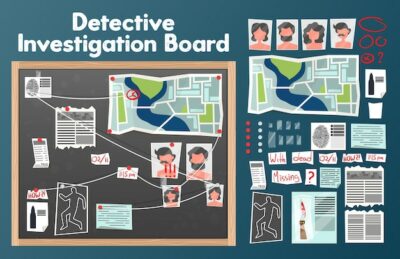Free Vector | Detective board set with text and isolated images of pins photographs of suspects with newspaper clippings