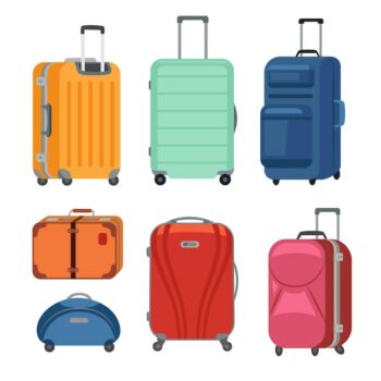 Free Vector | Different kinds of suitcases illustrations set. collection of travel bags with wheels for luggage or baggage, briefcase isolated on white