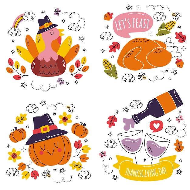 Free Vector | Doodle hand drawn thanksgiving stickers