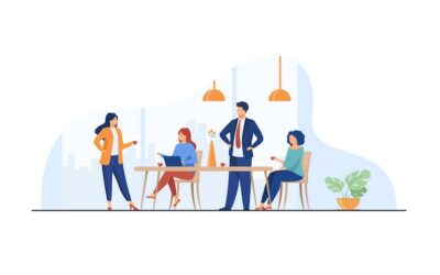 Free Vector | Employees meeting in office kitchen and drinking coffee