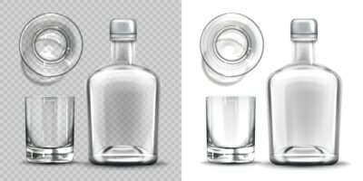 Free Vector | Empty bottle and shot glass side and top view set.