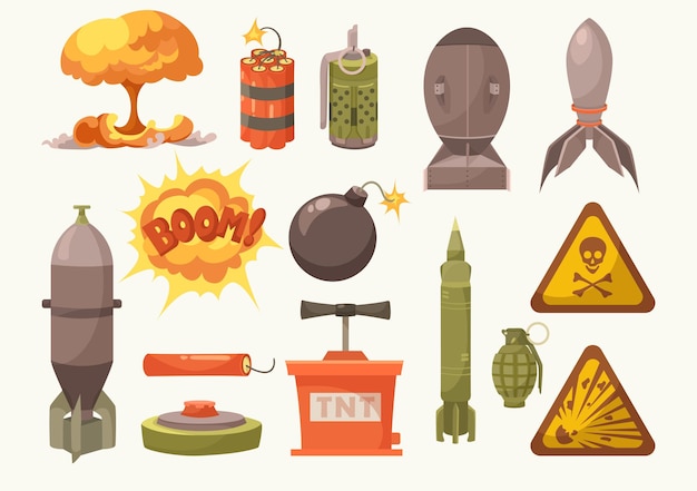 Free Vector | Explosive lethal weapon cartoon illustration set. bomb, mine, tnt, hand grenade, missile, dynamite pack, firecracker, danger sign with skull. military equipment, army, war, threat concept