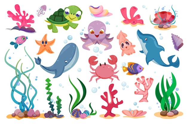 Free Vector | Flat cute underwater sea animals marine plants and fishes