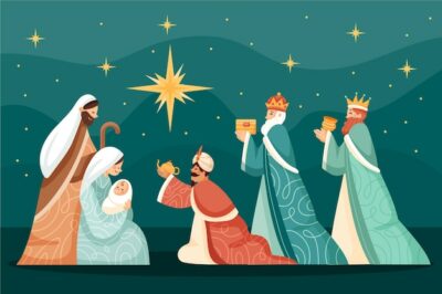 Free Vector | Flat illustration of reyes magos arriving to the nativity scene