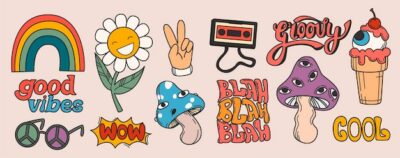 Free Vector | Flat retro 70s hippie stickers psychedelic groovy elements