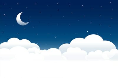 Free Vector | Fluffy clouds night scene with moon and stars