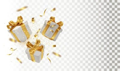 Free Vector | Gift 3d boxes with golden ribbon and bow and confetti isolated on transparent background blank for a holiday banner or postcard