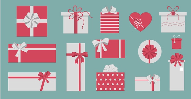 Free Vector | Gift boxes set red and white boxes of different shapes with bows and ribbons