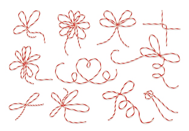 Free Vector | Gift twine bows vector set. string knot loop for decoration present birthday or christmas illustration