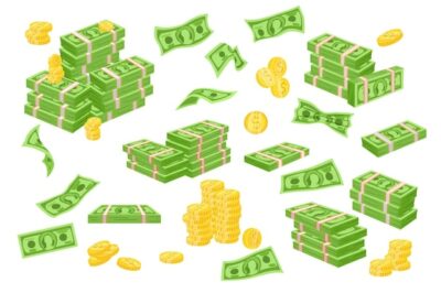 Free Vector | Gold coins and stack of money cartoon illustration set. heap of cash, pile of green banknotes or dollars, currency, flying bills isolated on white background. business, finance concept