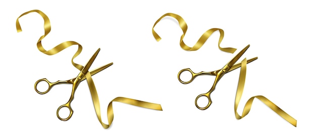 Free Vector | Golden scissors cut ribbon on grand open ceremony, launch event or inauguration.