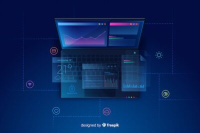 Free Vector | Gradient top view laptop technology background