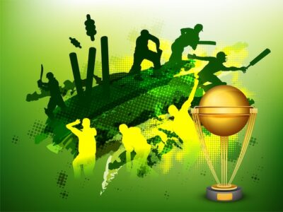 Free Vector | Green cricket sports background with illustration of players and golden trophy cup.