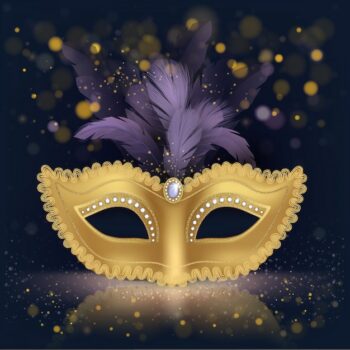 Free Vector | Half-face golden silk mask with purple feathers