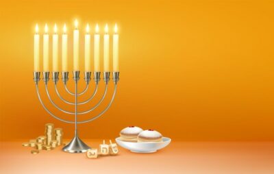 Free Vector | Happy hanukkah jewish festival celebration greeting with menora candelabrum lights six pointed david star illustration