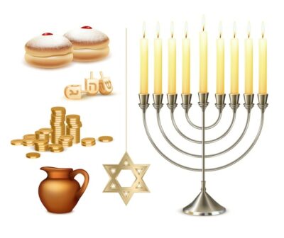 Free Vector | Happy hanukkah jewish festival celebration set with menora candelabrum lights six pointed david star symbols vector illustration