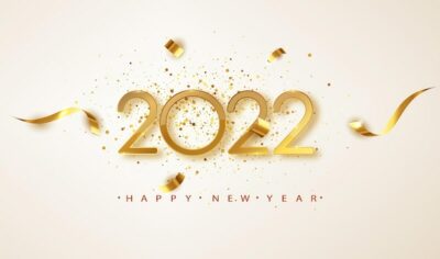 Free Vector | Happy new year 2022. golden numbers with ribbons and confetti on a white background. banner for christmas and winter holiday headers, party flyers.