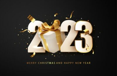 Free Vector | Happy new year 2023 design with gift box holyday decorative elements on dark background vector illustration