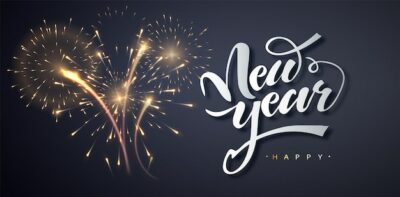 Free Vector | Happy new year greeting card design with festive fireworks explosionson dark background. holyday vector illustration. congratulation banner.