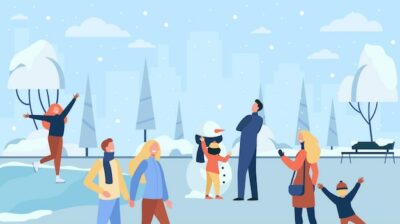 Free Vector | Happy people walking in cold winter park isolated flat illustration. cartoon characters ice skating, playing and family making snowman