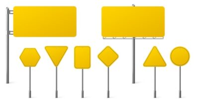 Free Vector | Highway yellow road signs, blank signage boards on steel poles pointing city traffic direction