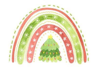 Free Vector | Holiday rainbow with snowflakes stars and christmas tree watercolor winter clipart