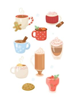Free Vector | Hot drinks with whipped cream in mugs cartoon illustration set. colorful winter drinks, coffee with cinnamon, tea, cacao with marshmallows, hot chocolate, cookie. beverage, holiday, christmas concept