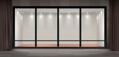 Free Vector | Illustration of storefront, glass illuminated showcase for presentations and museum exhibition