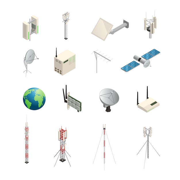 Free Vector | Isometric icons set of wireless communication equipments like towers satellite antennas router and o
