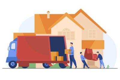 Free Vector | Loaders carrying armchair and boxes in new house