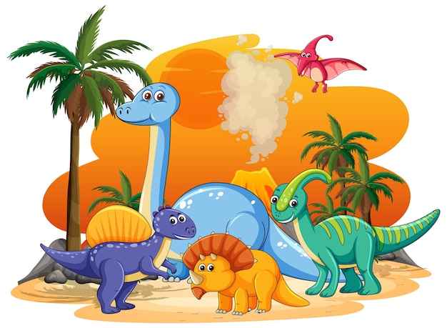 Free Vector | Many cute dinosaurs character in prehistoric land isolated