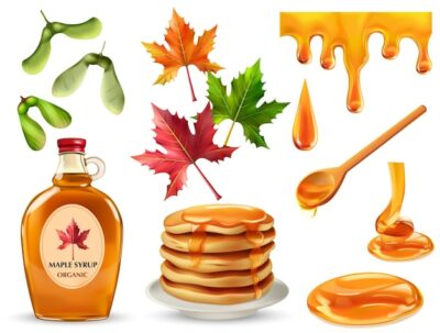 Free Vector | Maple syrup set with isolated realistic pancakes drops spoon colorful leaves seeds branded bottle vector illustration